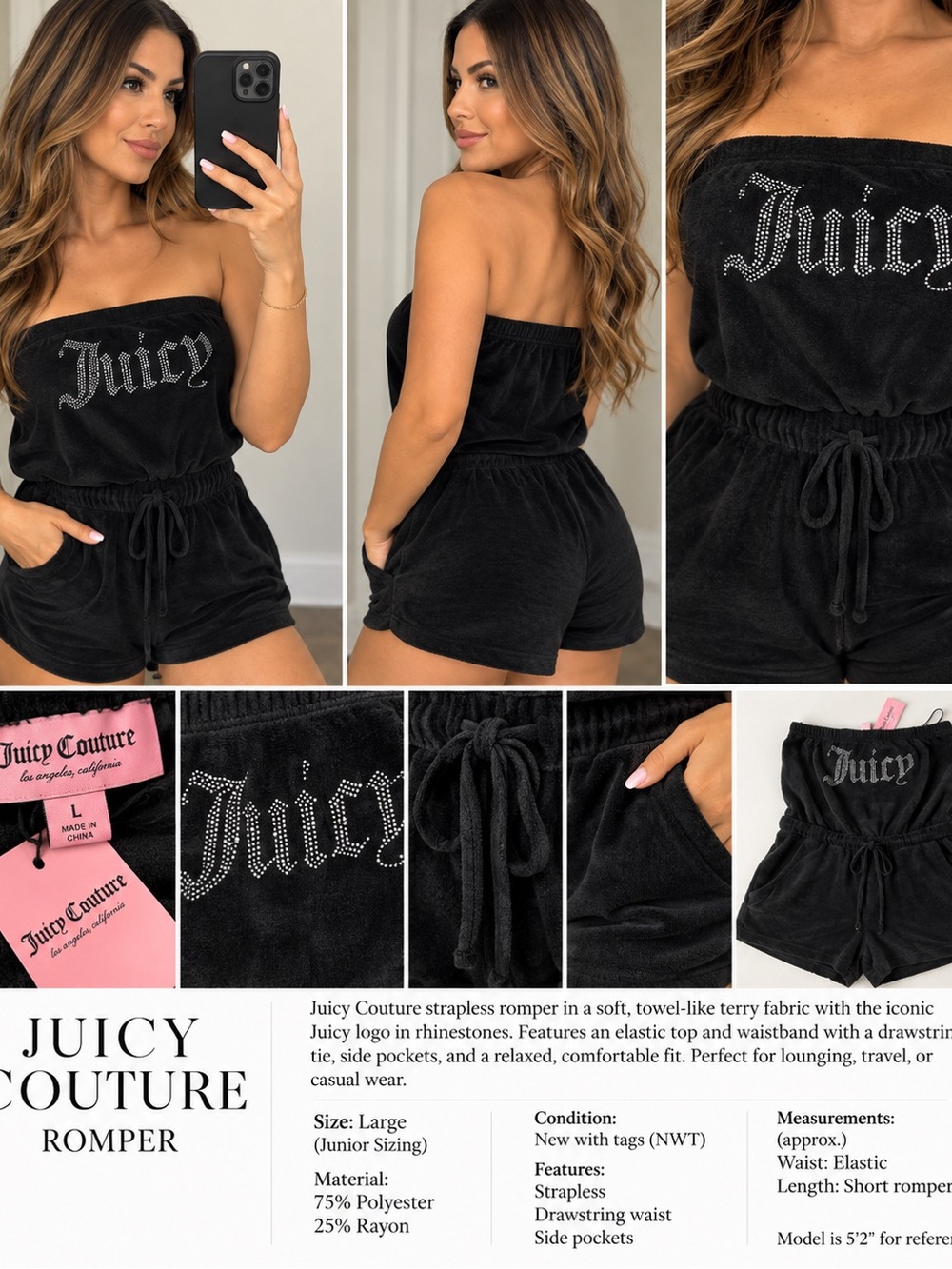 (#9) Juicy Couture Black Rhinestone Strapless Romper NWT Junior L